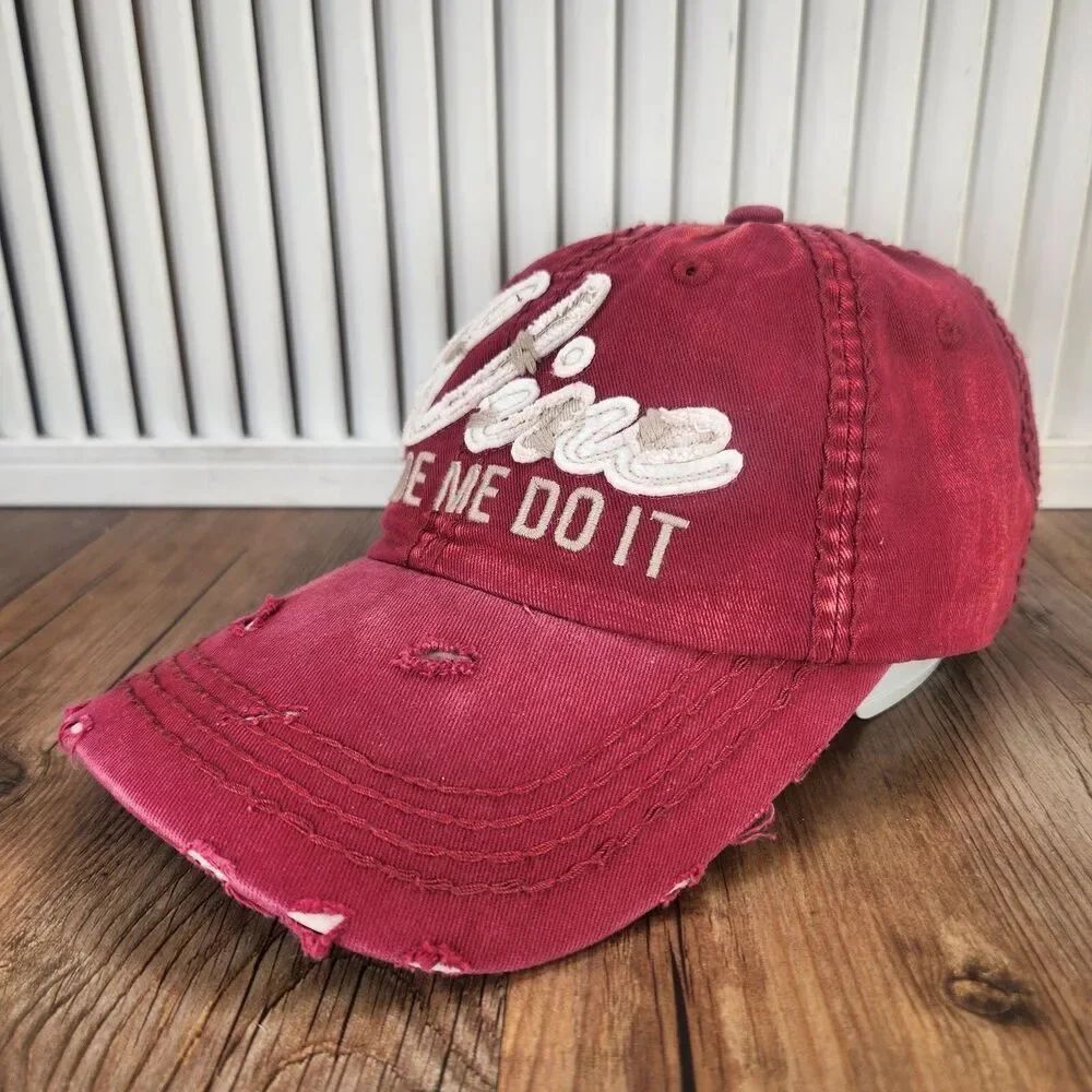 Kbethos "Wine Made Me Do It" Distressed Strapback Hat Cap Red Canvas Embroidered